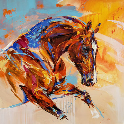 "Unleashed" acrylic on canvas polo painting by Anna Cher | Horse polo art gallery | Equine theme painting for sale
