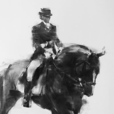 "Dance steps" charcoal on paper dressage artwork by Tianyin Wang | Horse polo art gallery | Equestrian drawings for sale