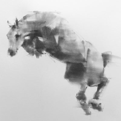 "Fly" charcoal on paper painting by Tianyin Wang | Horse polo art gallery | White flying horse drawing for sale