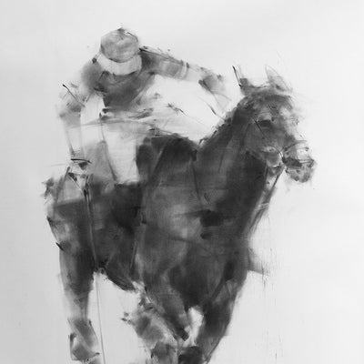 "Focus" charcoal on paper polo artwork by Tianyin Wang | Horse polo art gallery | Polo drawing for sale