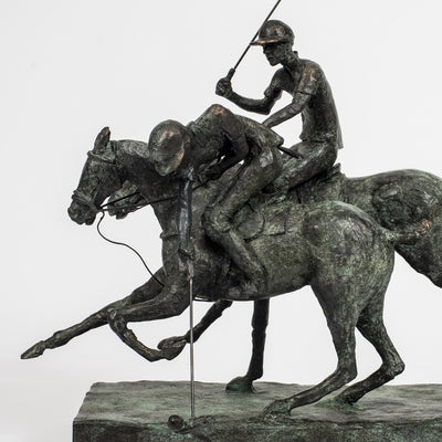 "Taking the man" bronze sculpture by Jose Ignacio Domecq | Horse polo art gallery | Polo players bronze sculpture for sale 