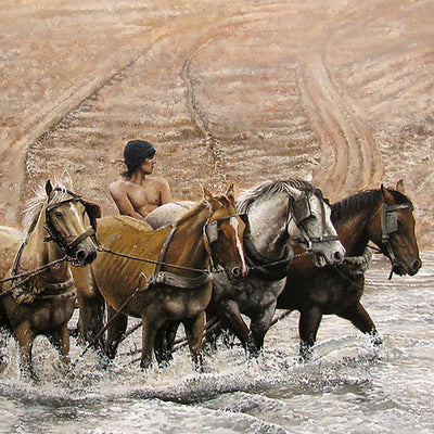 "Extraction of sand from the river" oil on canvas painting by Martin Rodriguez | Horse polo art gallery | Modern equestrian art for sale