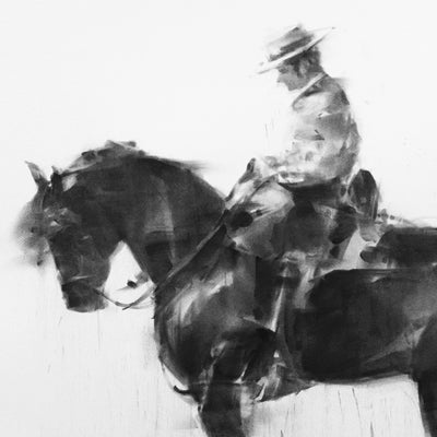 "Meditation" charcoal on paper equine artwork by Tianyin Wang | Horse polo art gallery | Equestrian drawings for sale
