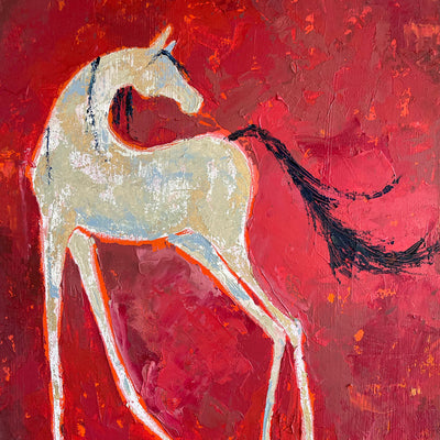"Mid century modern I" oil on canvas equine painting by Cara Van Leuven | Horse polo art gallery 