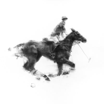 "Opportunity" charcoal on paper polo artwork by Tianyin Wang | Horse polo art gallery | Polo player drawing for sale