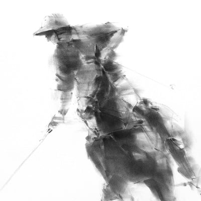 "Reaching" charcoal on paper equine artwork by Tianyin Wang | Horse polo art gallery | Polo drawing for sale