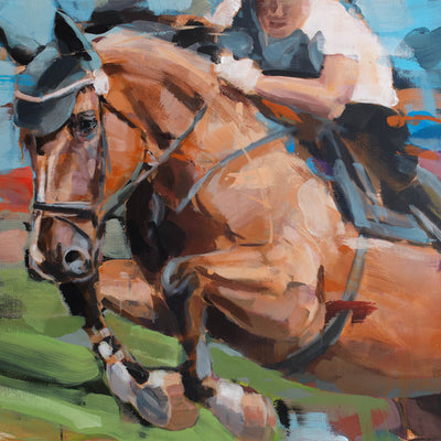 "Show jumper" acrylic on canvas dressage theme painting by Hartmut Hellner | Horse polo art gallery | Equestrian art for sale