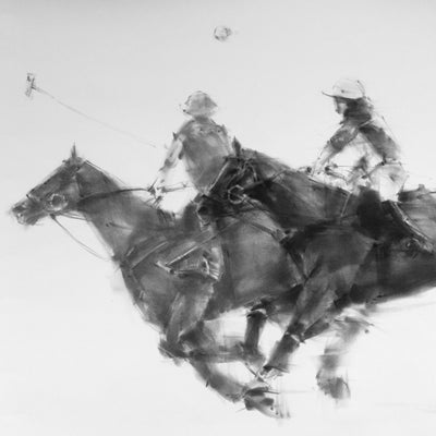 "What's next" charcoal on paper polo artwork by Tianyin Wang | Horse polo art gallery | Polo players drawing for sale